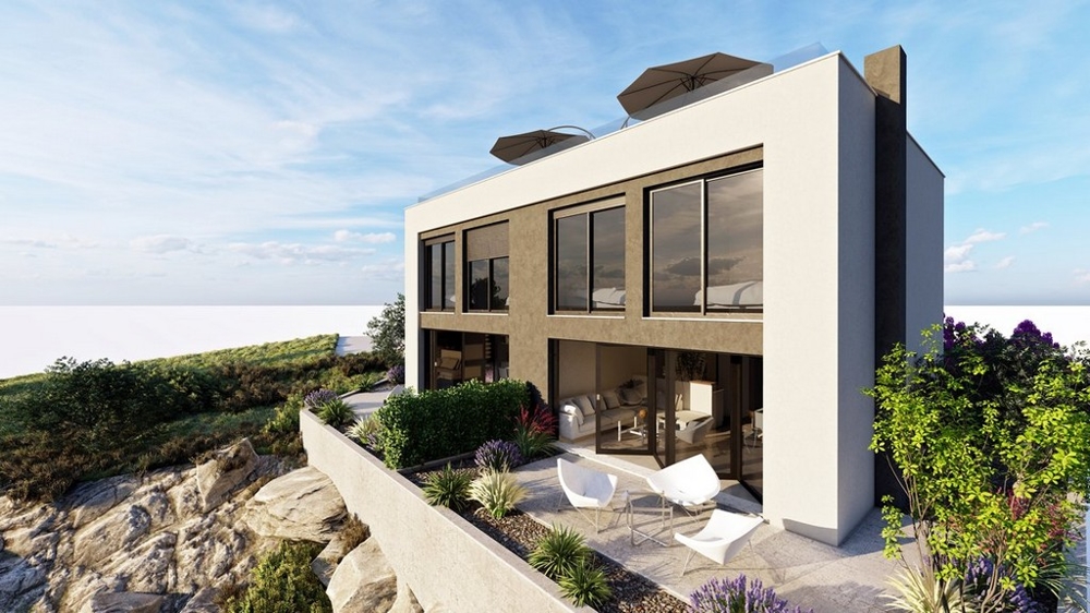 Visualisierung des Hauses mit Dachterrasse über den Felsen