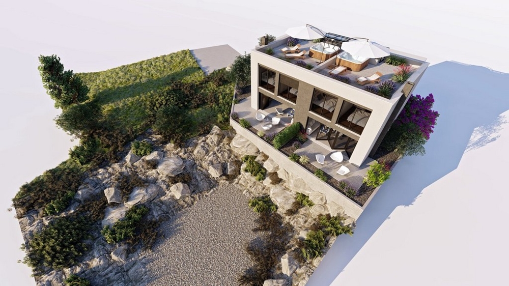 Visualisierung von oben mit Dachterrasse und Sonnenschirmen