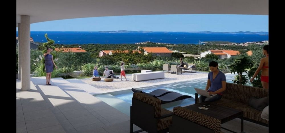 Blick von einer überdachten Terrasse einer luxuriösen kroatischen Villa mit Gästen, die den Meerblick genießen – Villa kaufen Kroatien.