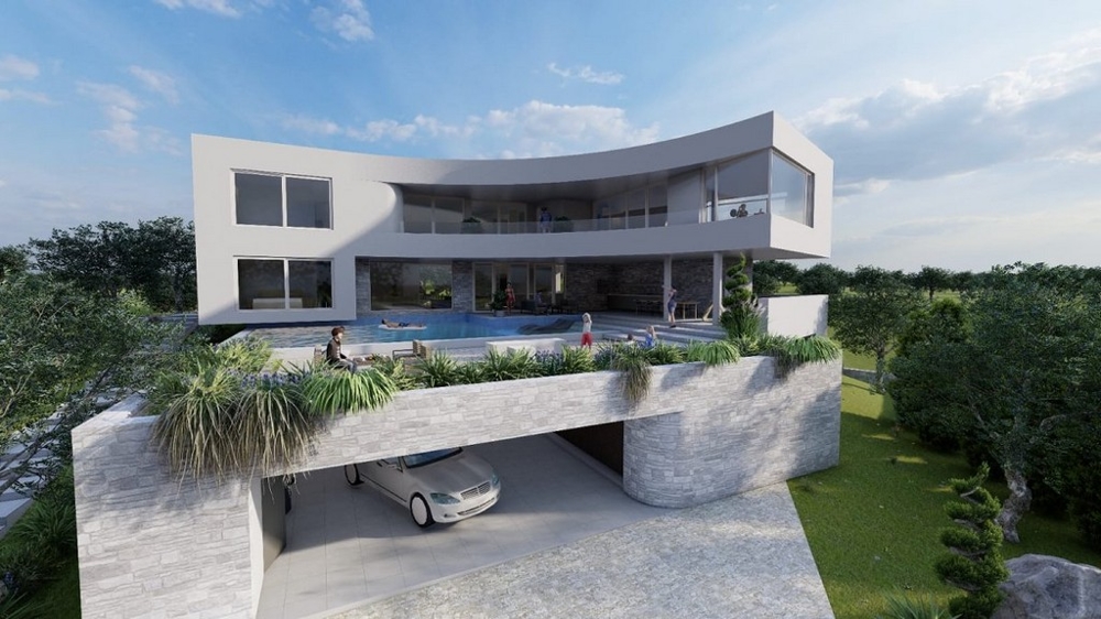 Moderne Villa in Kroatien mit integrierter Garage, Pool und eleganter Architektur, inmitten einer natürlichen Landschaft – Immobilieninvestment in Kroatien.