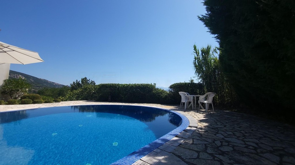 Swimmingpool mit Natursteinterrasse und Blick auf die Berge