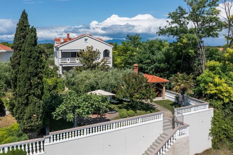 Luftaufnahme eines charmanten, isolierten Anwesens mit reichhaltiger Vegetation, das im Bereich Immobilien Kroatien liegt, unter einem wolkenverhangenen Himmel.