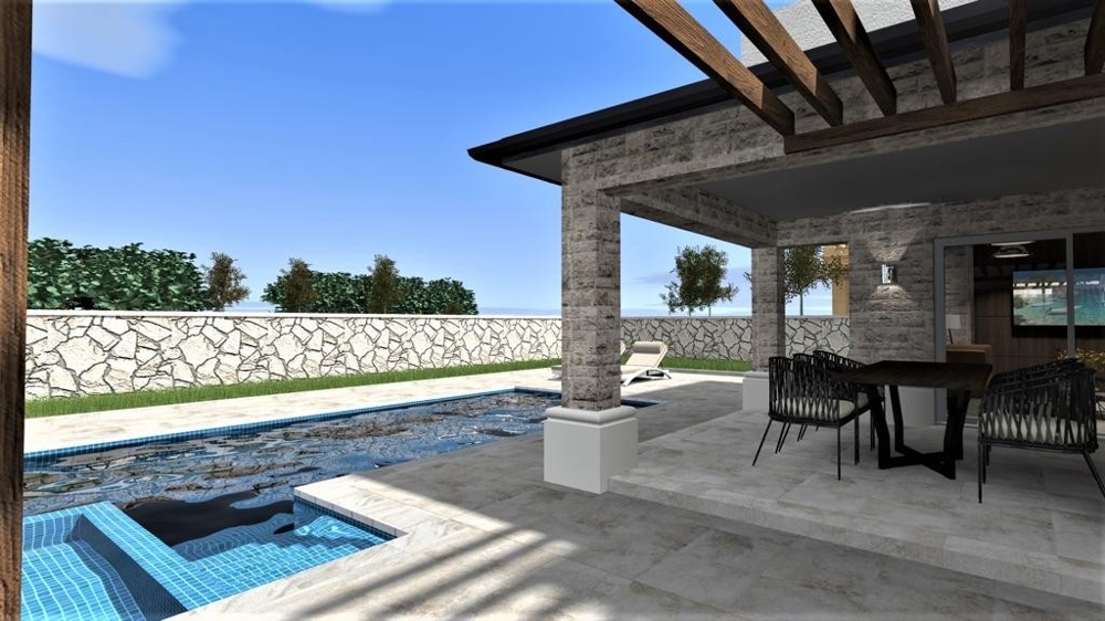 Überdachte Terrasse mit Essbereich und Blick auf den Pool bei einer Villa in Vrbnik, Insel Krk, Immobilien Kroatien, Vrbnik, Insel Krk Villa kaufen