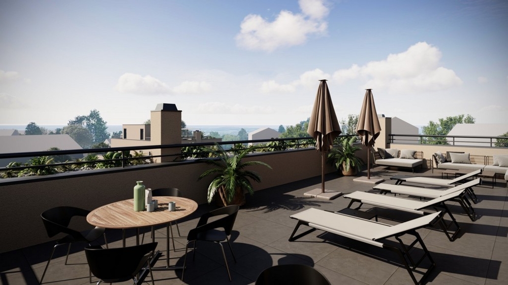 Visualisierung der Dachterrasse mit Sonnenliegen und Sonnenschirmen, Villa H3516