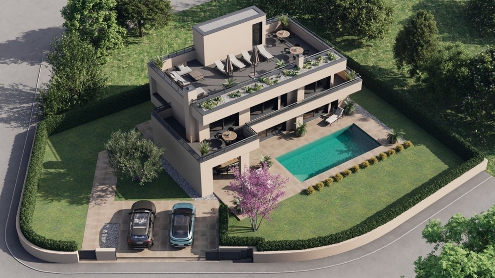 Visualisierung: Luftbild der modernen Villa mit Pool und Garten in Porec, Istrien