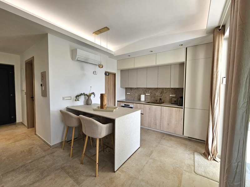 Moderne Küche mit Kochinsel und Essbereich