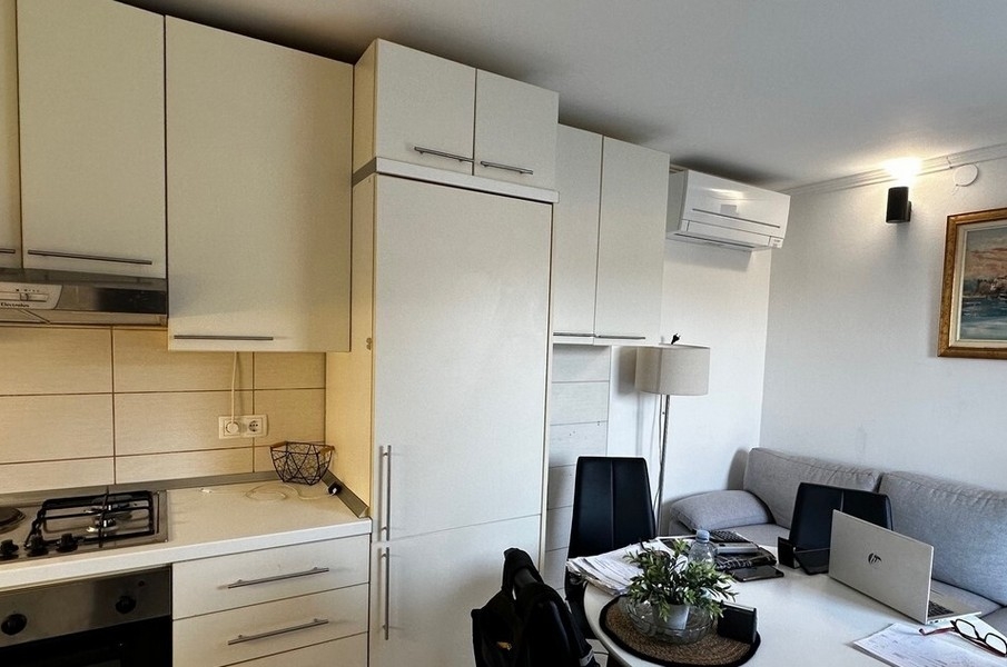 Küche mit Wohnbereich und Möbeln