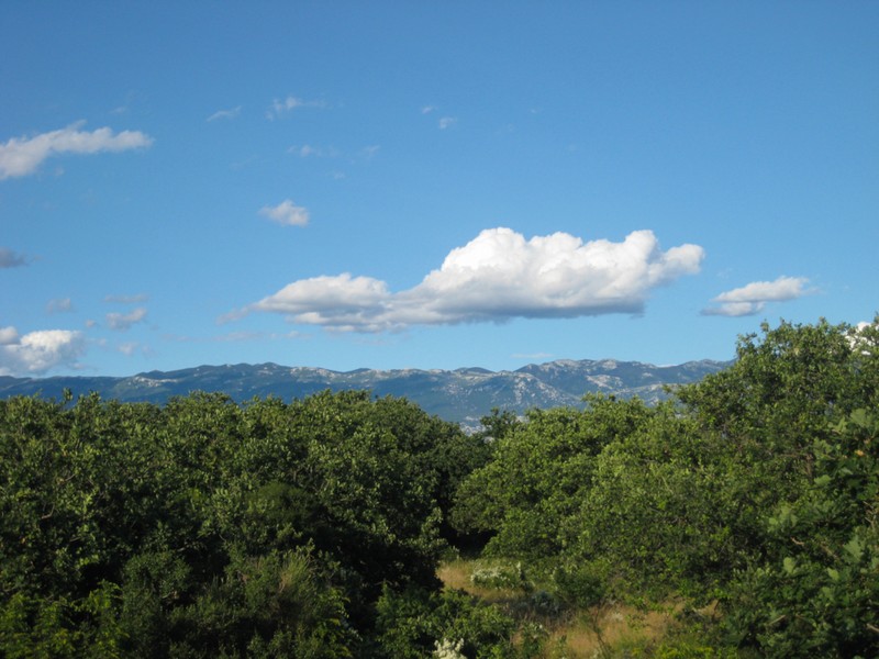 Blick über mediterrane Landschaft zu den Bergen des Festlands