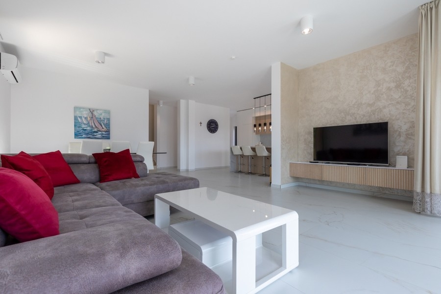 Großzügiger Wohnraum mit Sofa und TV-Bereich