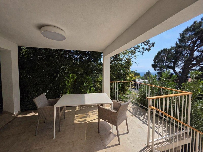 Überdachte Terrasse mit Essbereich und Blick ins Grüne