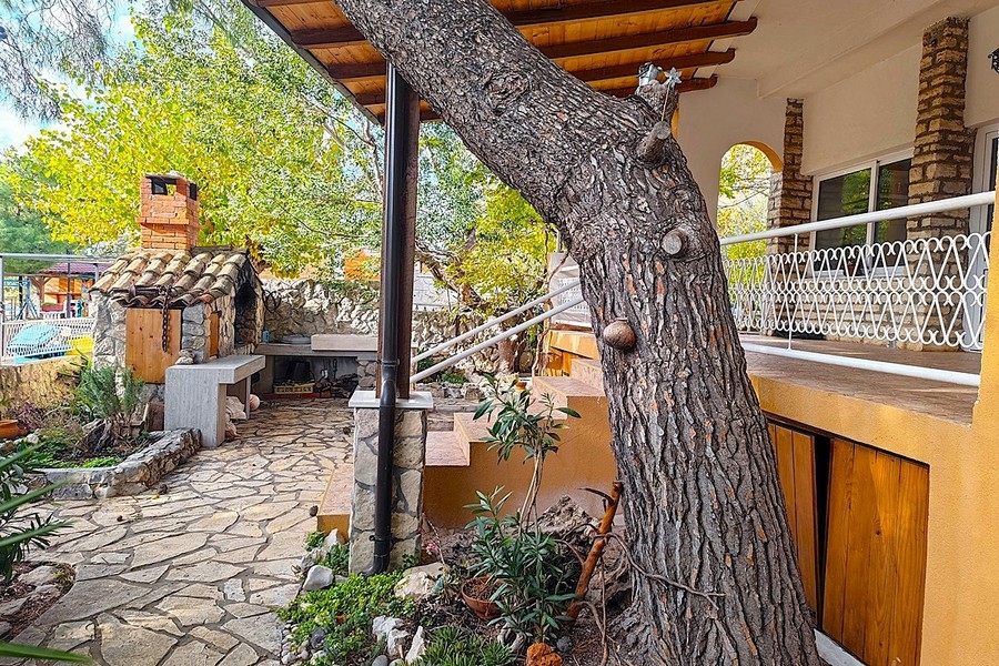 Terrasse mit Holzüberdachung und Grillbereich