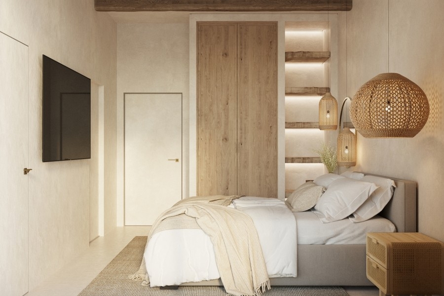 Modernes Schlafzimmer mit Holzdetails und stilvoller Beleuchtung