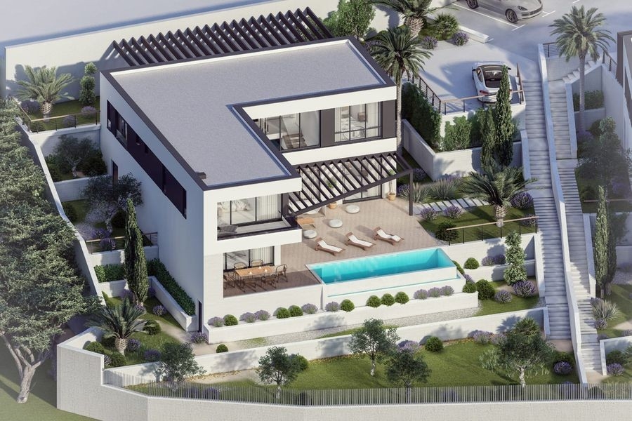 Luftbild der Villa mit Pool und Dachterrasse