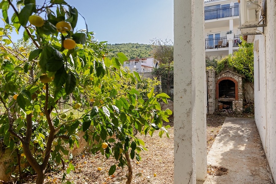 Garten mit Obstbaum und Feuerstelle im Freien