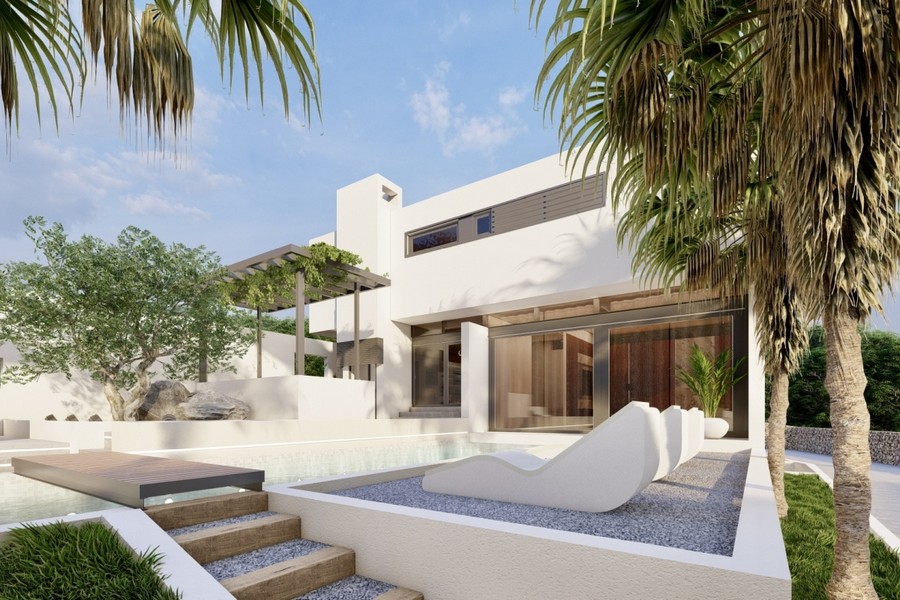 Poolbereich der Villa mit Sonnenliegen und Pergola