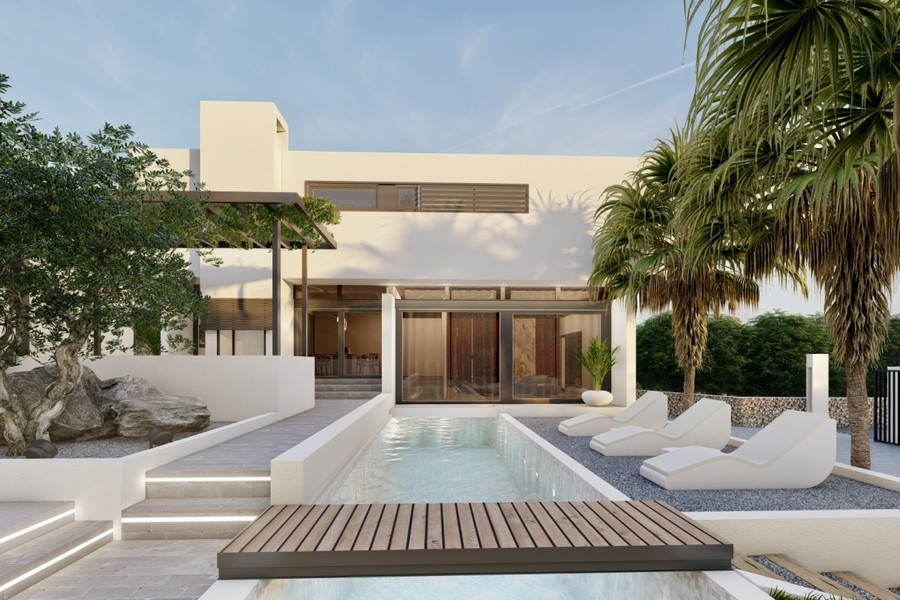 Villa mit Pool und großen Glasfronten zum Garten