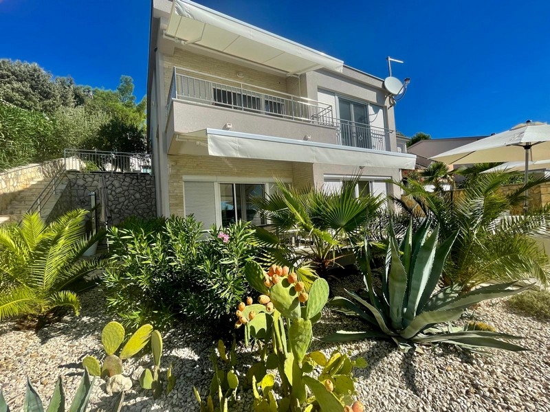 Hausansicht mit Garten und mediterraner Bepflanzung