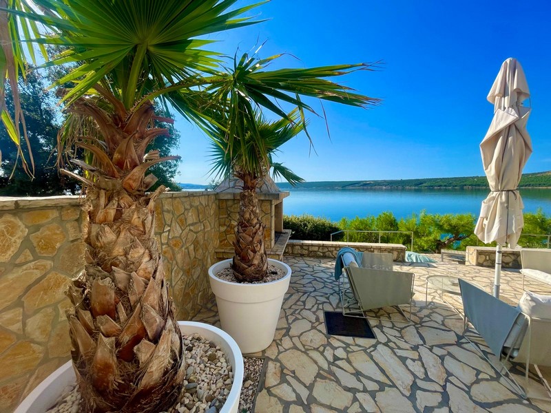 Terrasse mit Palmen und Blick aufs Meer