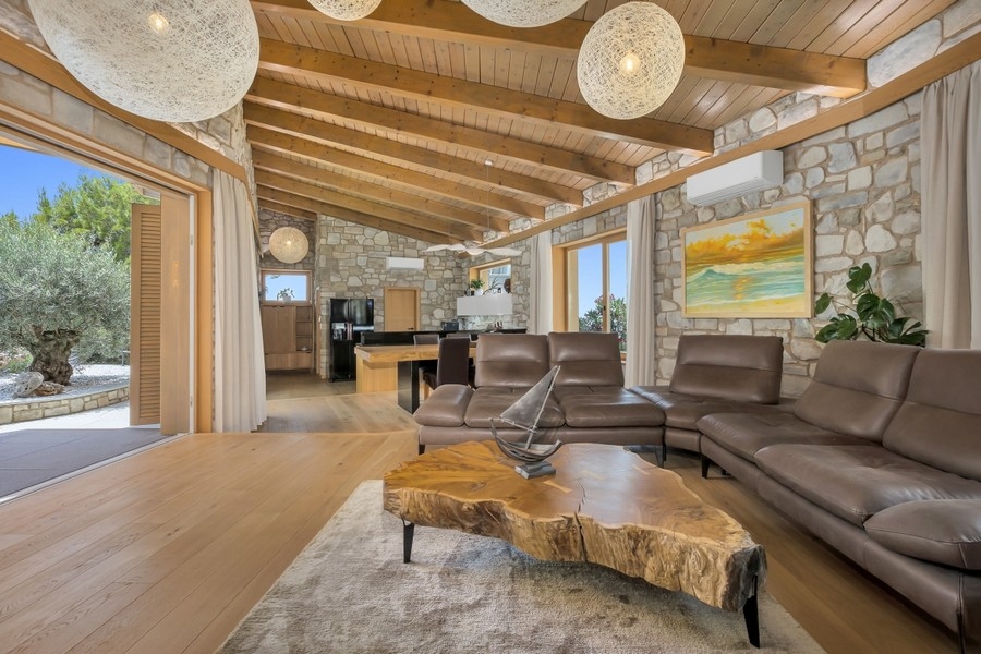 Wohnbereich mit Ledersofa und Holzdecke
