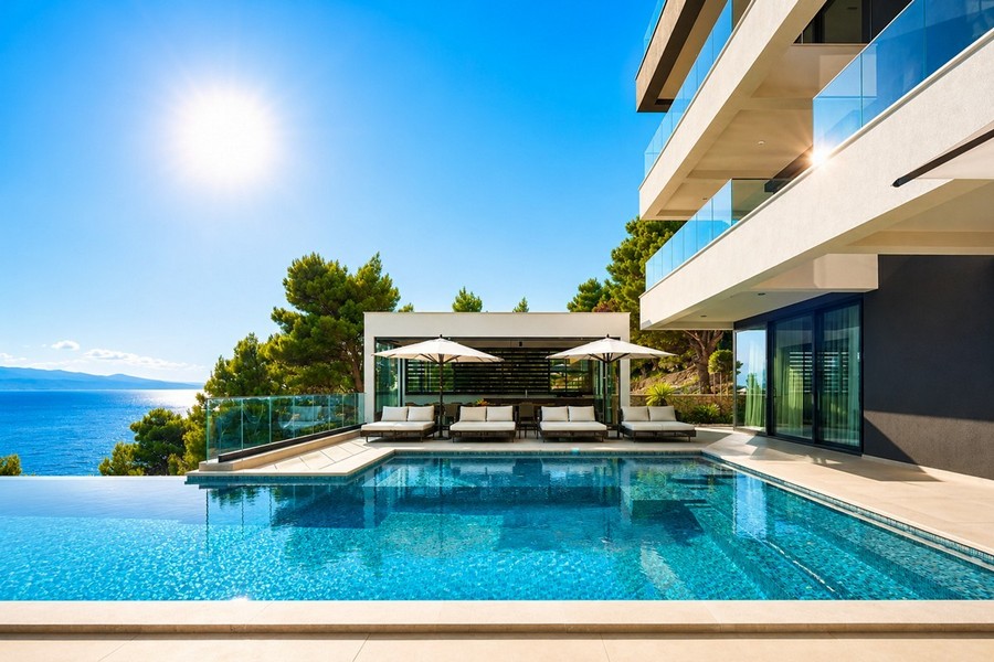 Infinity-Pool mit Sonnendeck an der Villa