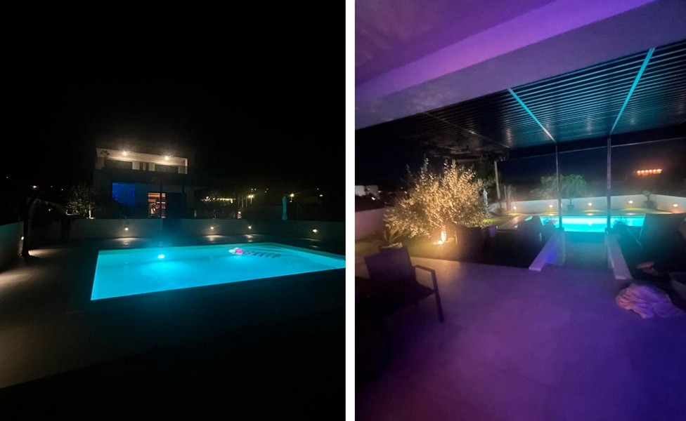 Beleuchteter Pool und Terrasse bei Nacht in Kroatien