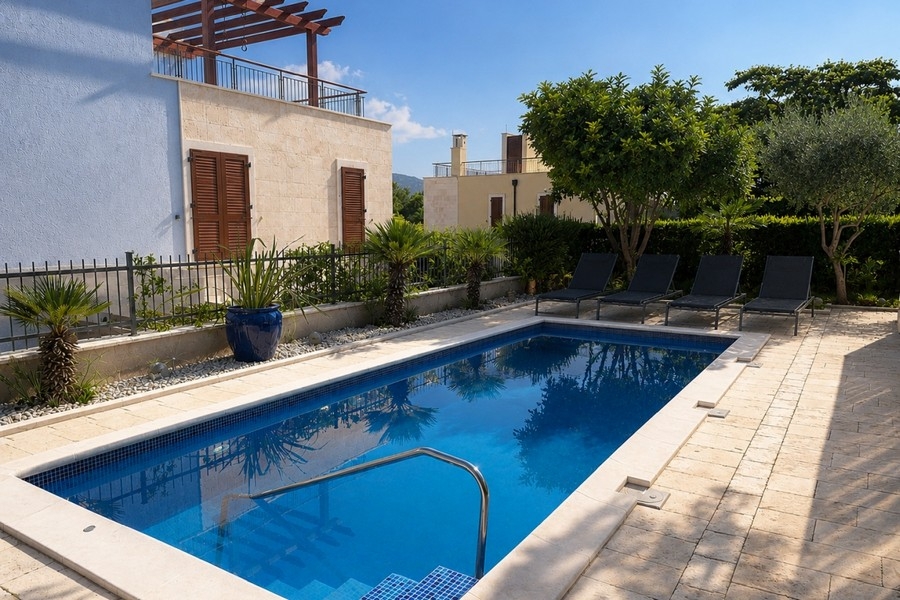 Swimmingpool mit Sonnenliegen im Innenhof der Villa auf Brac