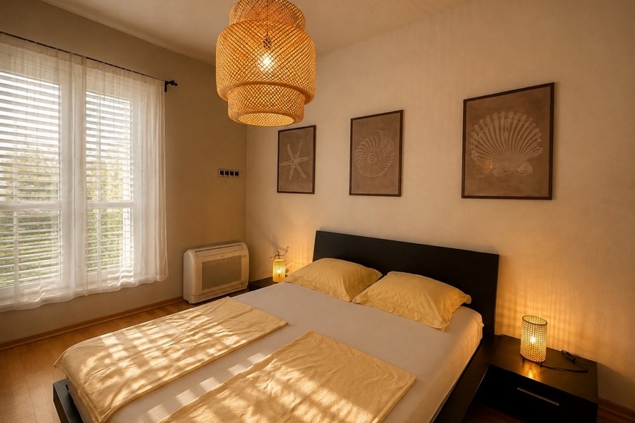 Schlafzimmer mit Doppelbett und Klimaanlage
