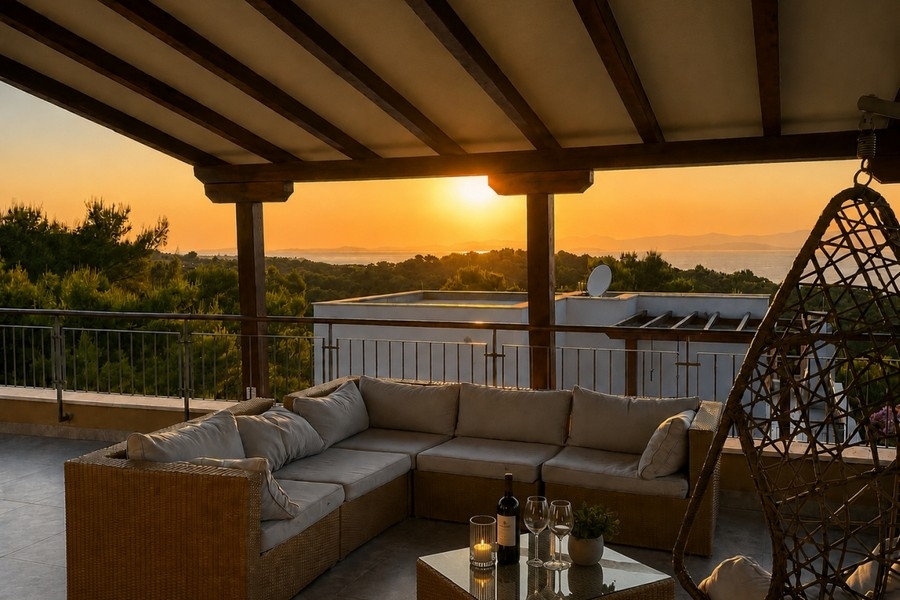 Dachterrasse mit Loungemöbeln bei Sonnenuntergang über dem Meer