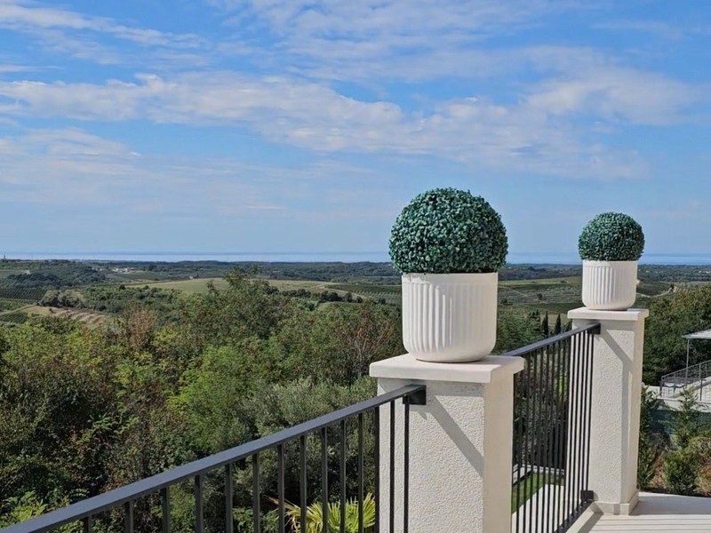 Blick vom Balkon über Weinberge und Hügel bis zum Meer