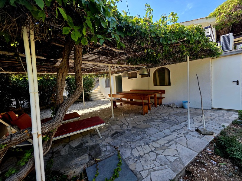 Terrasse unter der Weinlaube mit Holztisch und Bänken
