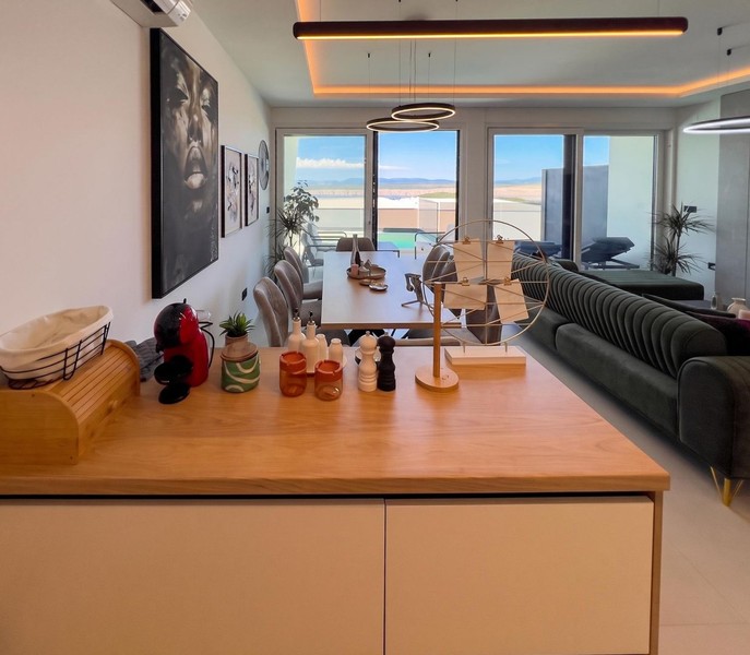 Küche mit Theke und Blick in den Wohnbereich