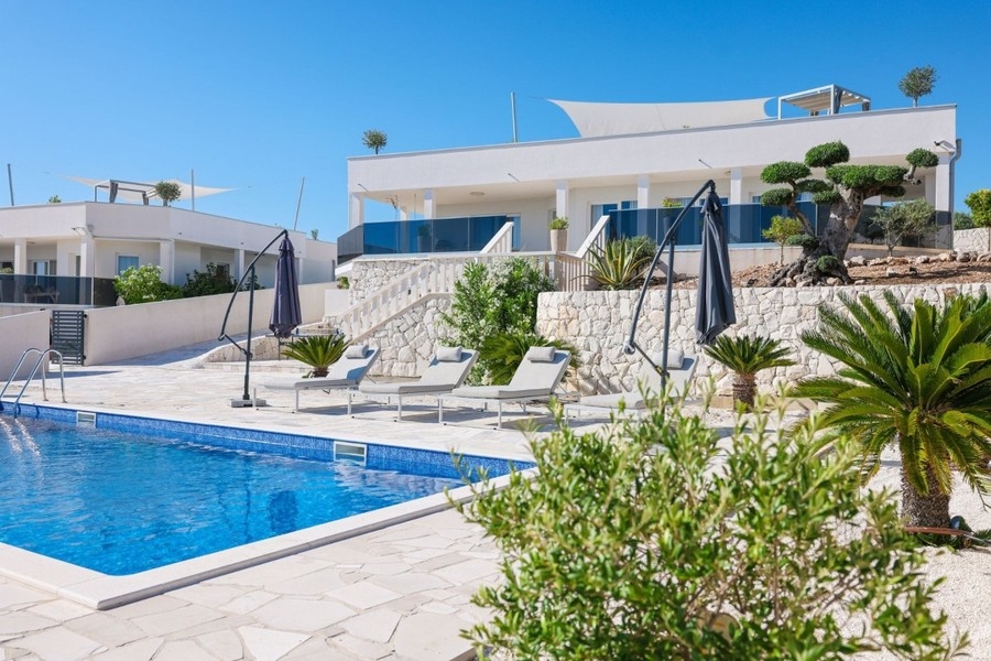 Zwei moderne Villen mit Pool und Palmen in Rogoznica