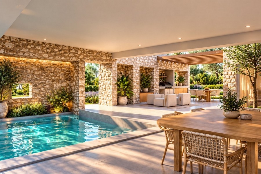 Überdachte Terrasse mit Essbereich am Pool