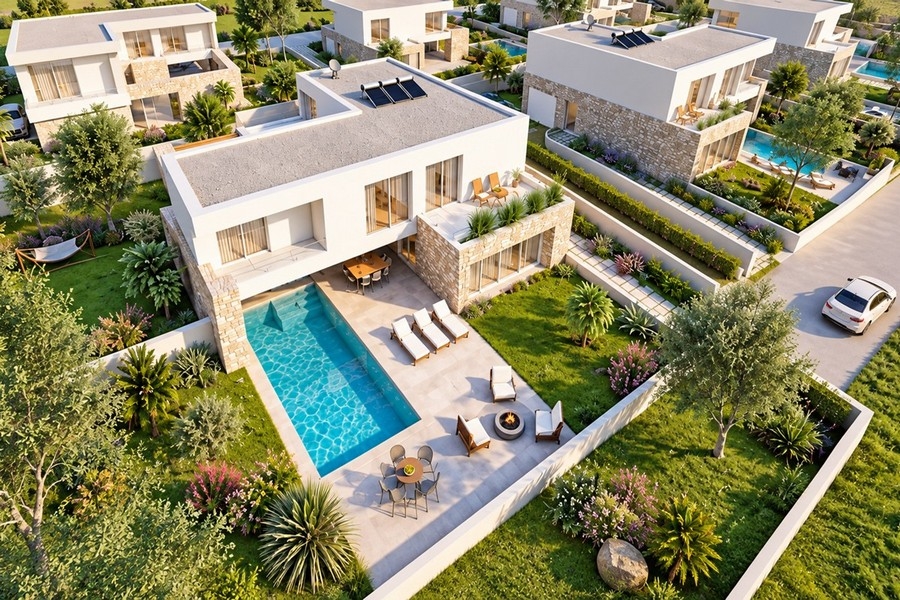Luftansicht der Villa mit Pool und Sonnenterrasse