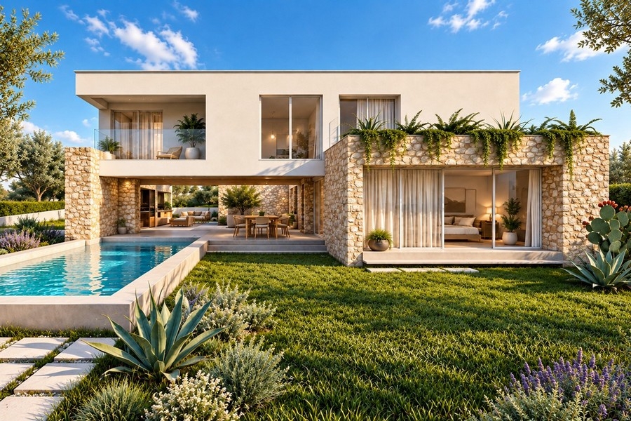 Visualisierung der Villa mit Pool und Rasenfläche