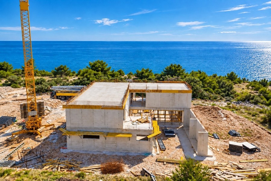 Baustelle der Villa mit Blick auf das Meer