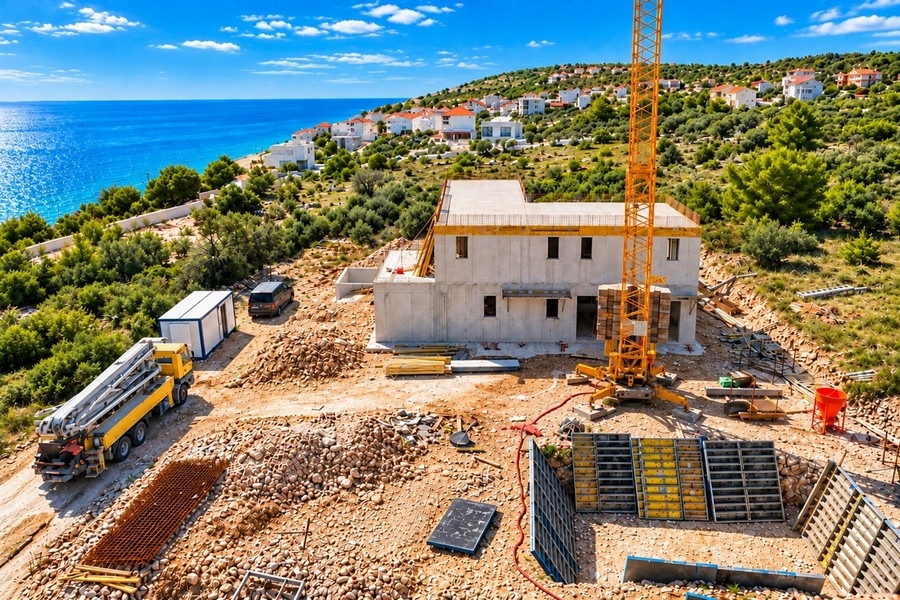 Baustelle mit Blick über die Bucht von Rogoznica