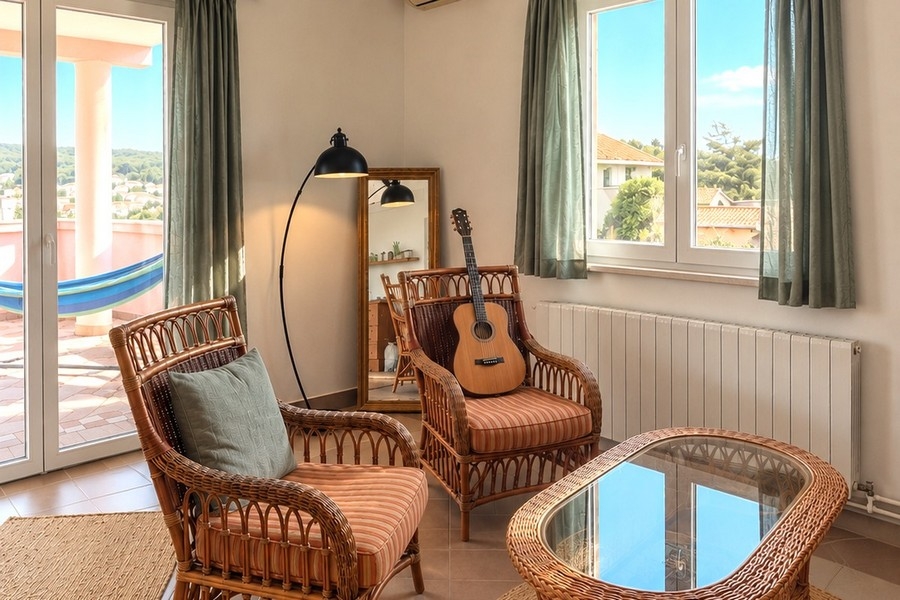 Wohnbereich mit Rattansesseln und Blick nach draußen