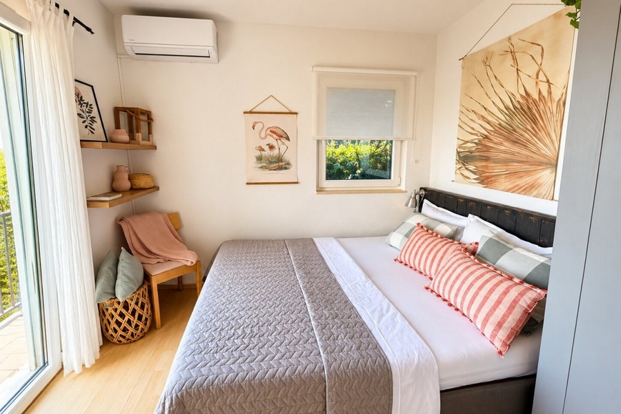 Schlafzimmer mit Doppelbett und Fenster zum Garten