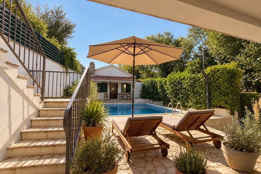 Beheizter Pool mit Sonnenliegen und Treppe zum Haus