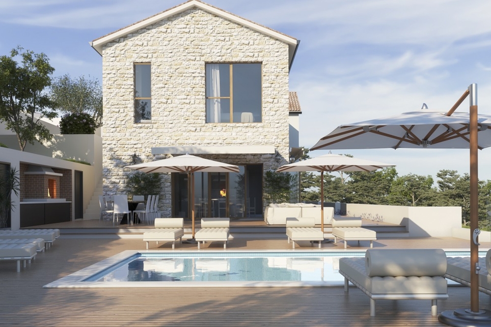 Poolterrasse mit Sonnenschirmen und Liegen vor der Villa