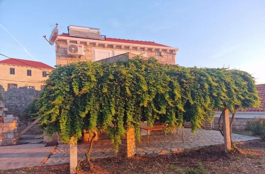 Steinhaus mit begrünter Pergola und Terrasse