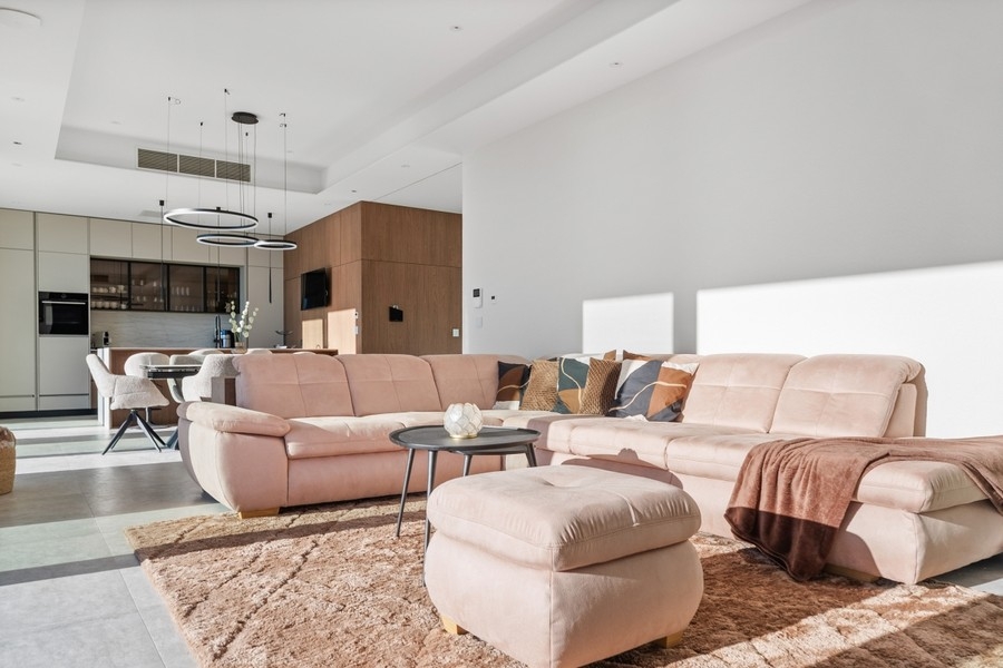 Offener Wohnbereich mit Sofa und Küche