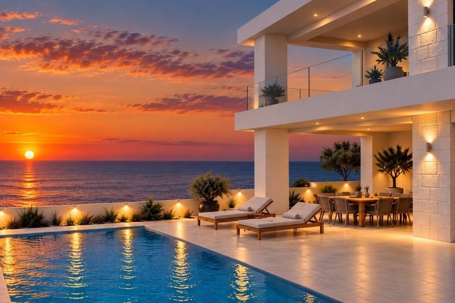 Visualisierung der Villa mit Pool bei Sonnenuntergang