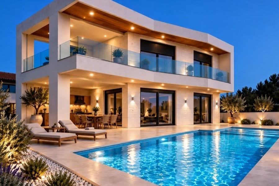Visualisierung der Poolterrasse am Abend