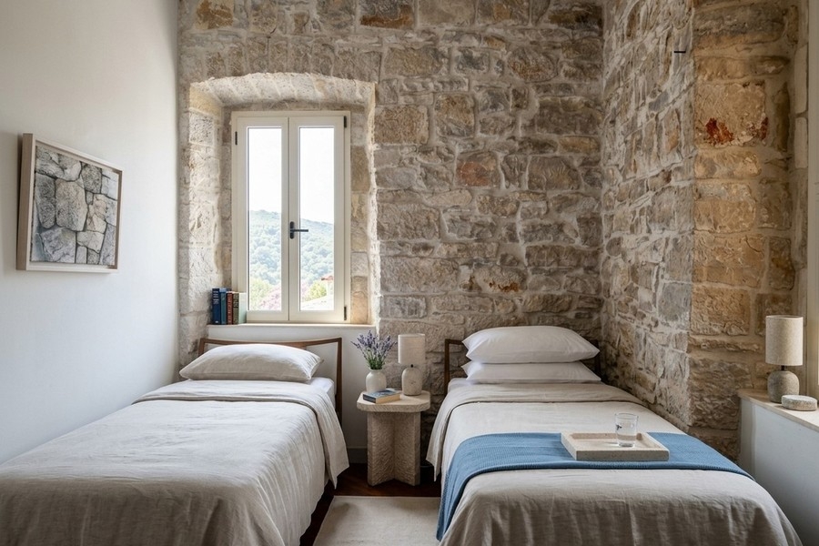 Schlafzimmer mit zwei Betten und Steinwand