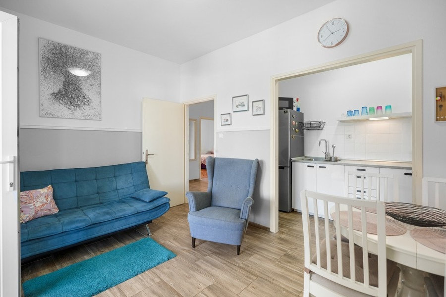 Wohnzimmer mit Sofa und Blick in die Küche