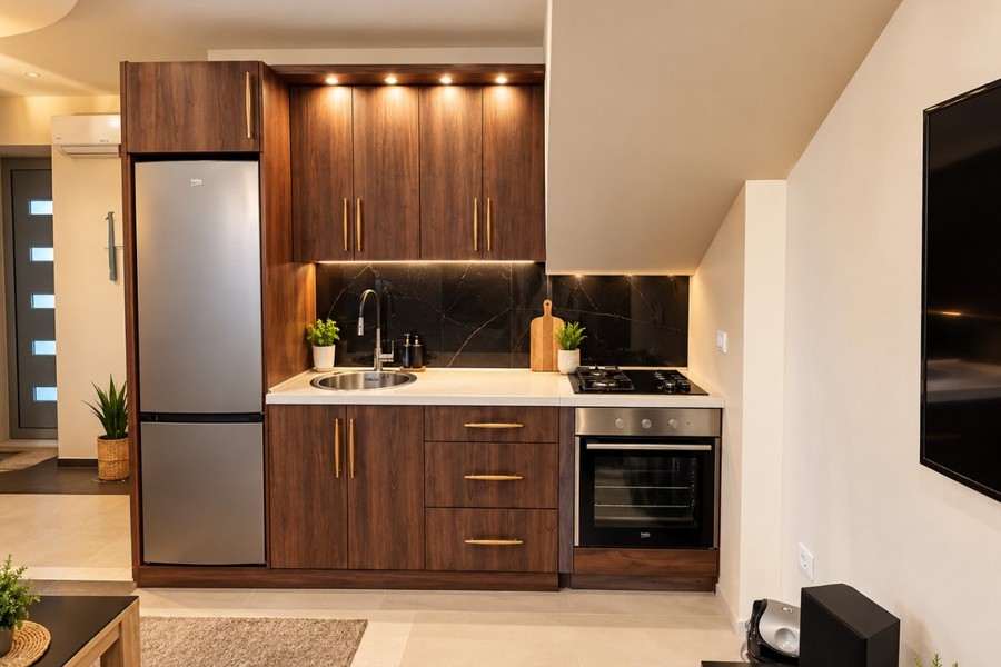 Küche mit Holzfronten und Kühlschrank