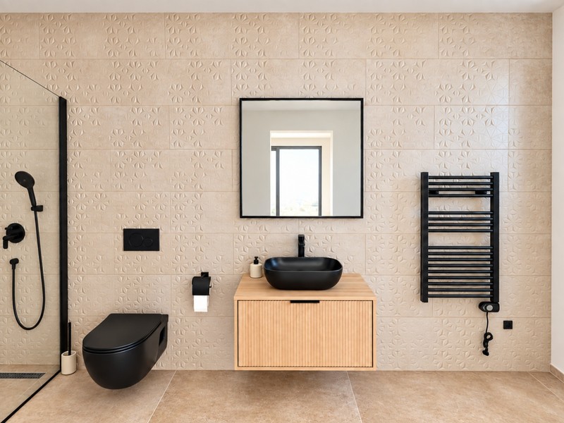 Badezimmer mit Dusche und Handtuchheizkörper