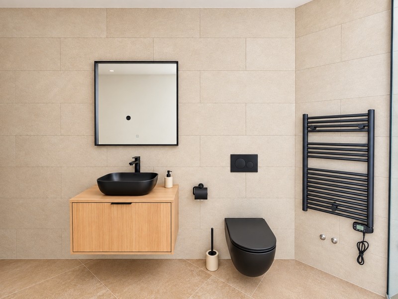 Modernes Badezimmer mit Waschtisch aus Holz